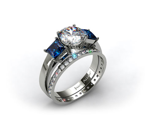 18k White Gold Three Stone Princess Shaped Blue Sapphire Engagement Ring & 0.26ct Pave Eternity Band